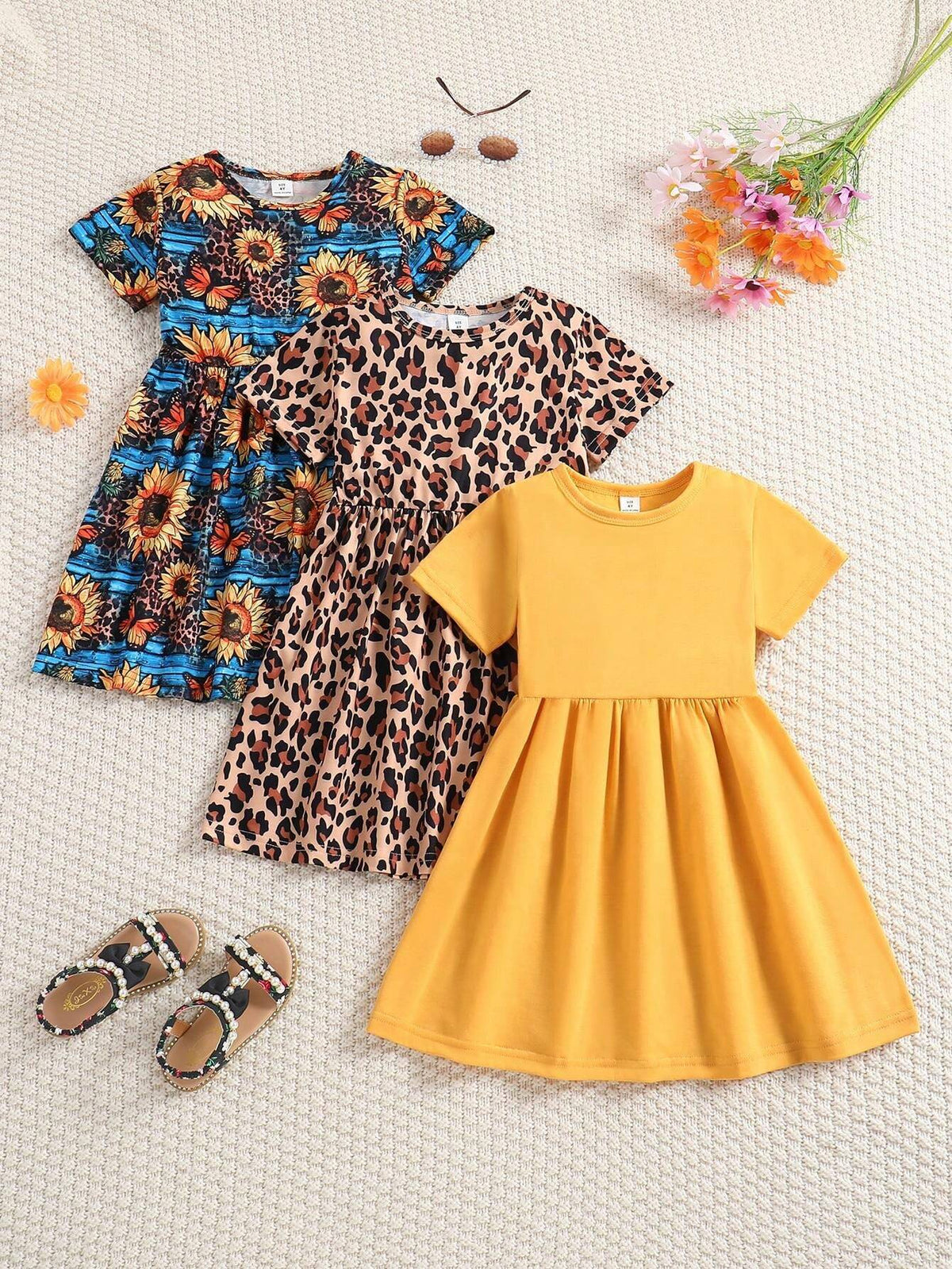 Young Girl 3-Piece Elegant Knitted Dress Set With Solid Color, Leopard Print And Sunflower Pattern Short Sleeves, Round Neckline, For Vacation And Leisure In Summer, Cute And Fashionable Skirts
