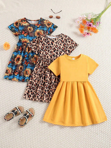 Young Girl 3-Piece Elegant Knitted Dress Set With Solid Color, Leopard Print And Sunflower Pattern Short Sleeves, Round Neckline, For Vacation And Leisure In Summer, Cute And Fashionable Skirts