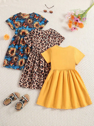 Young Girl 3-Piece Elegant Knitted Dress Set With Solid Color, Leopard Print And Sunflower Pattern Short Sleeves, Round Neckline, For Vacation And Leisure In Summer, Cute And Fashionable Skirts