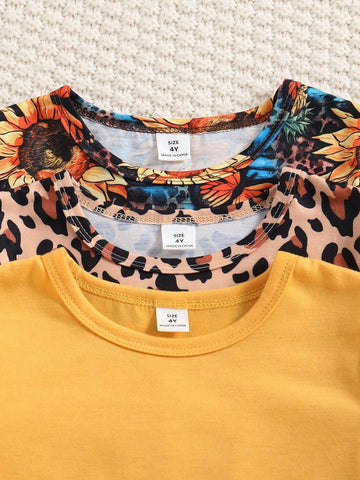 Young Girl 3-Piece Elegant Knitted Dress Set With Solid Color, Leopard Print And Sunflower Pattern Short Sleeves, Round Neckline, For Vacation And Leisure In Summer, Cute And Fashionable Skirts