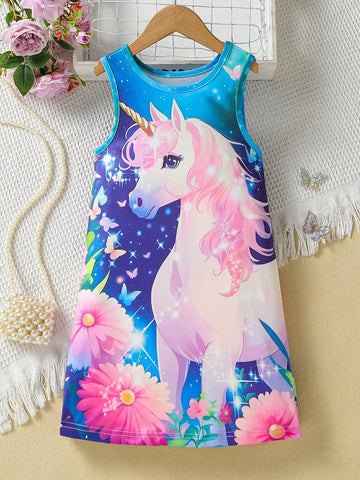 Young Girl 3D Cartoon Unicorn Printed Sleeveless Dress