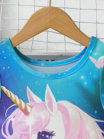 Young Girl 3D Cartoon Unicorn Printed Sleeveless Dress