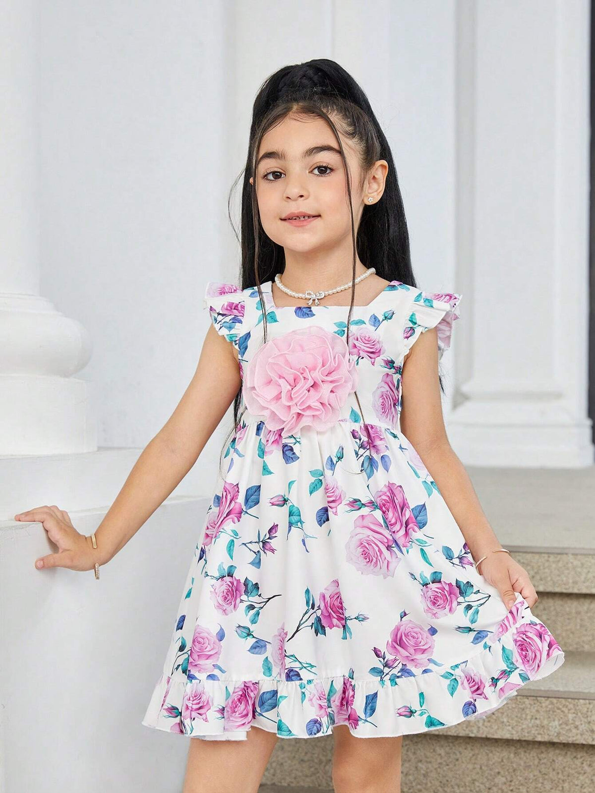Young Girl 3D Floral Puff Sleeve Pleated A-Line Dress