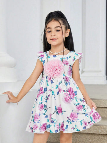 Young Girl 3D Floral Puff Sleeve Pleated A-Line Dress