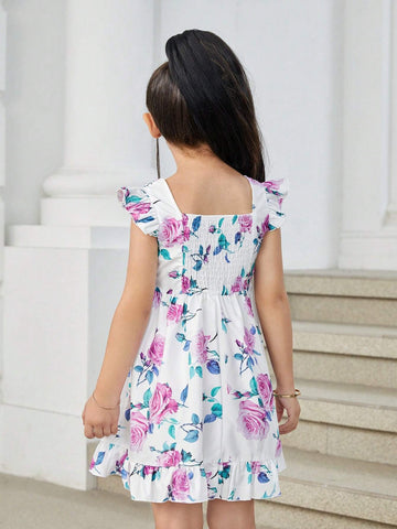Young Girl 3D Floral Puff Sleeve Pleated A-Line Dress