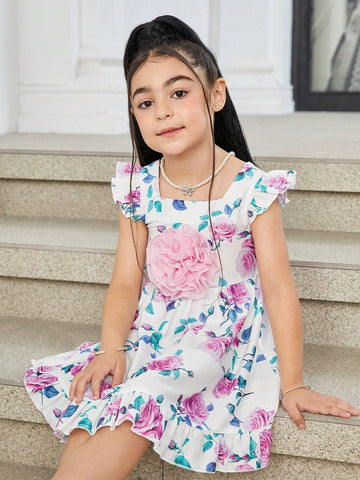 Young Girl 3D Floral Puff Sleeve Pleated A-Line Dress