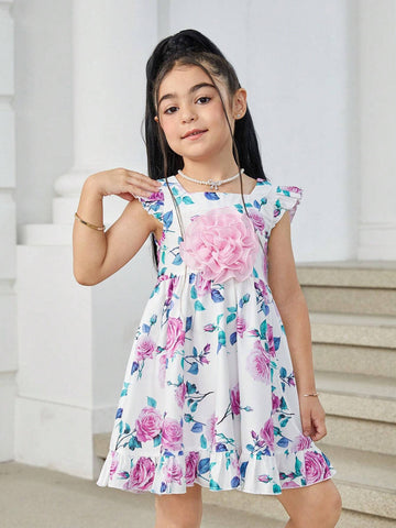 Young Girl 3D Floral Puff Sleeve Pleated A-Line Dress
