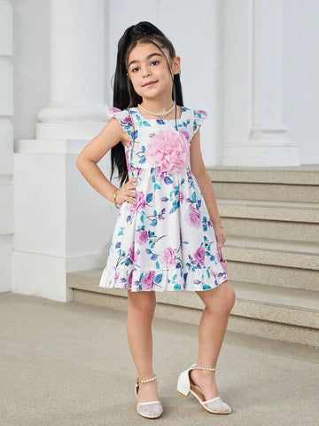 Young Girl 3D Floral Puff Sleeve Pleated A-Line Dress