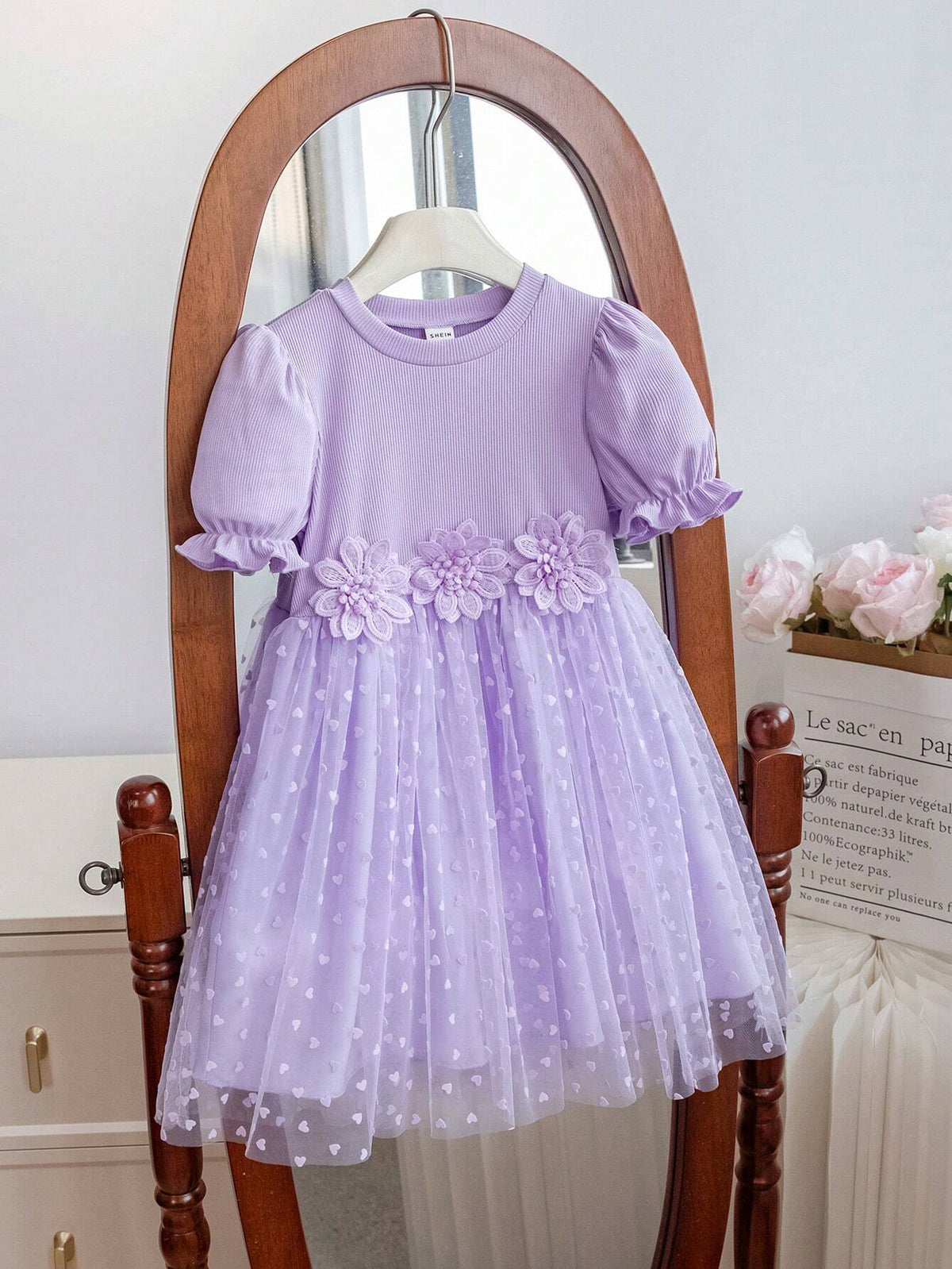Young Girl 3D Flower Decorated Round Neck Short Puff Sleeve Dress, Flower Girl Dress, Short Sleeve Princess Dress