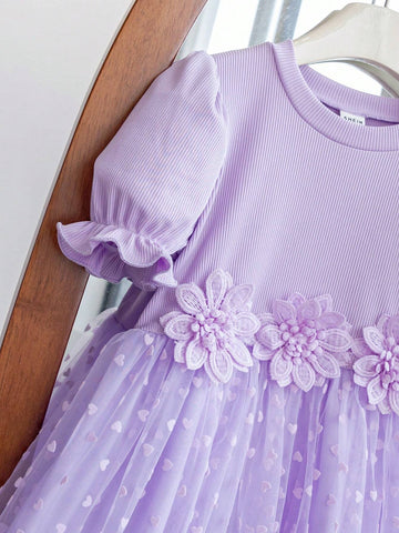 Young Girl 3D Flower Decorated Round Neck Short Puff Sleeve Dress, Flower Girl Dress, Short Sleeve Princess Dress