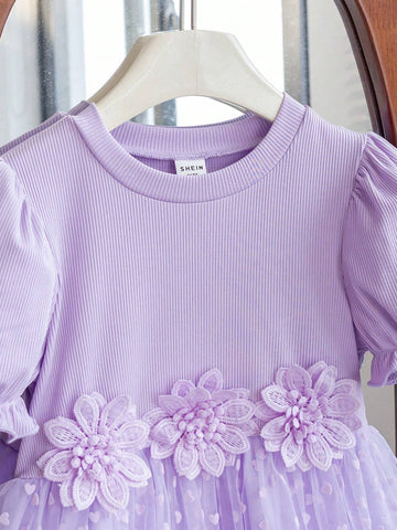 Young Girl 3D Flower Decorated Round Neck Short Puff Sleeve Dress, Flower Girl Dress, Short Sleeve Princess Dress