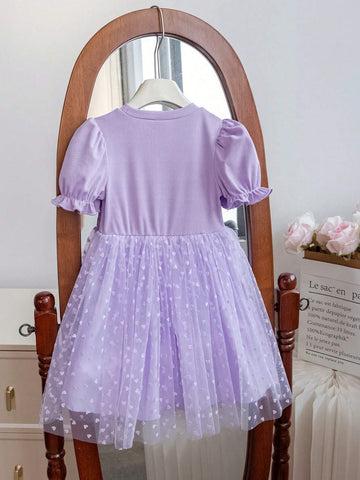 Young Girl 3D Flower Decorated Round Neck Short Puff Sleeve Dress, Flower Girl Dress, Short Sleeve Princess Dress