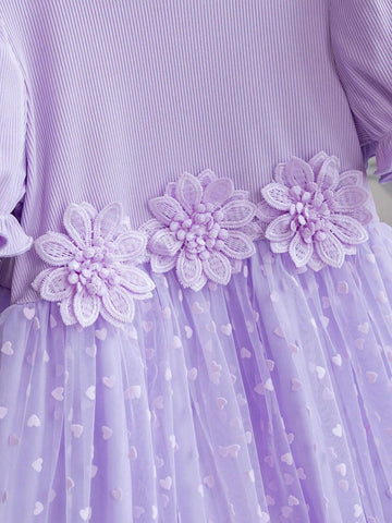 Young Girl 3D Flower Decorated Round Neck Short Puff Sleeve Dress, Flower Girl Dress, Short Sleeve Princess Dress