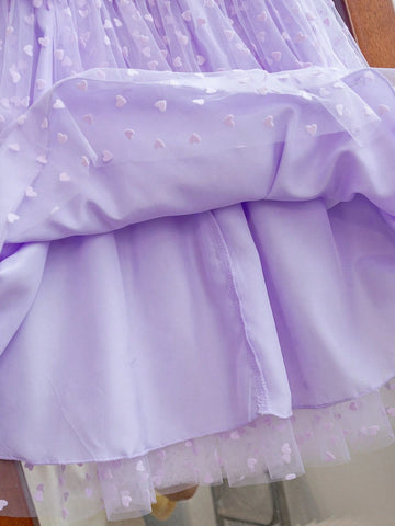 Young Girl 3D Flower Decorated Round Neck Short Puff Sleeve Dress, Flower Girl Dress, Short Sleeve Princess Dress