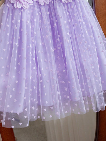 Young Girl 3D Flower Decorated Round Neck Short Puff Sleeve Dress, Flower Girl Dress, Short Sleeve Princess Dress