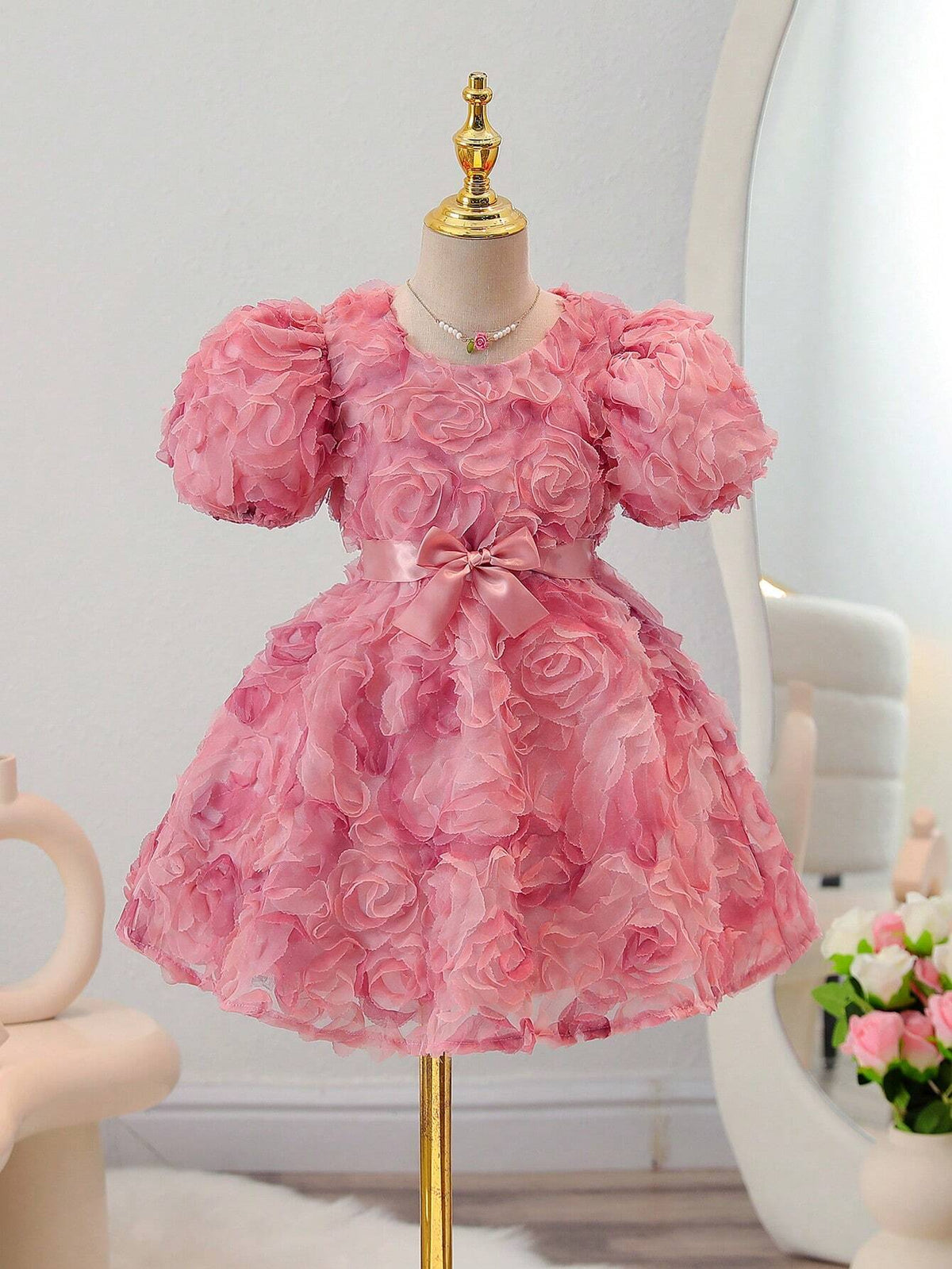 Young Girl 3D Ombre Color Rose Flower Princess Dress, Sleeveless, Party/Wedding/Flower Girl Dress