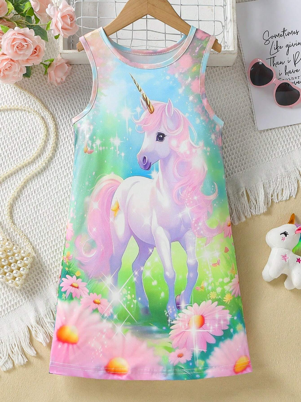 Young Girl 3D Printed Sleeveless Dress With Small Horse Pattern