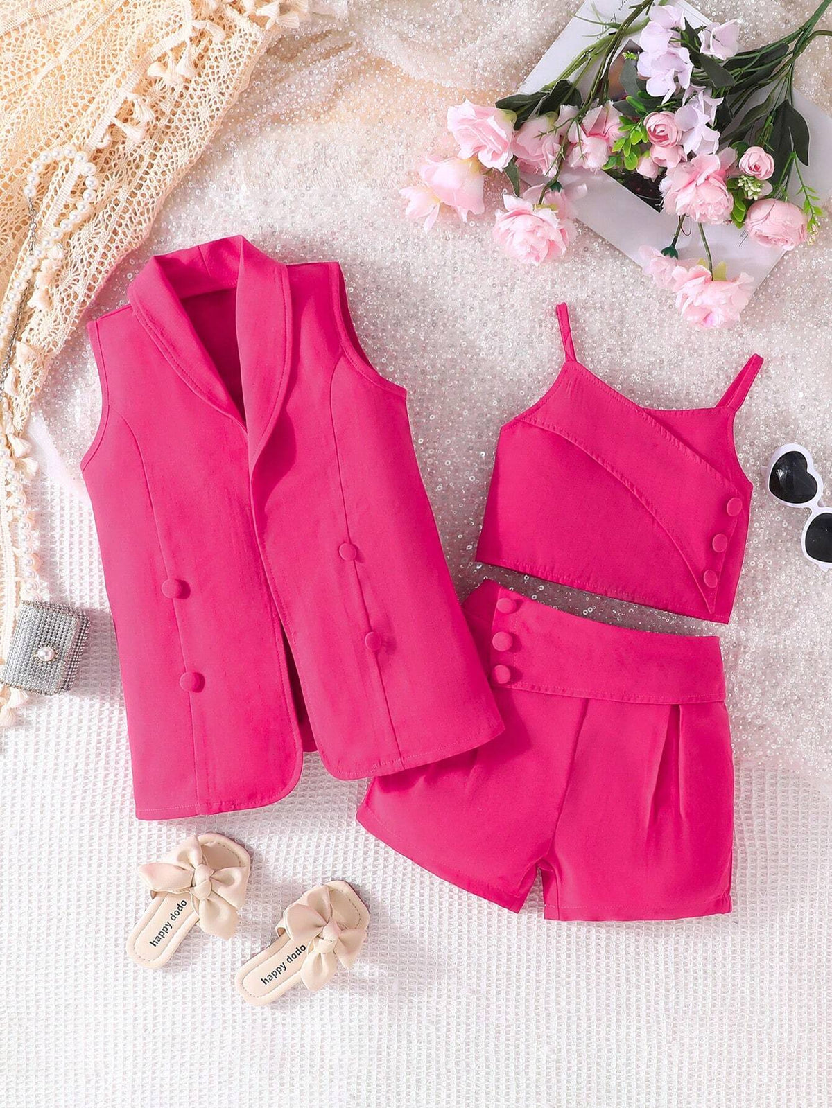 Young Girl 3pcs/Set Fashionable Summer Plain Sleeveless Blazer, Camisole Top & Shorts Outfit