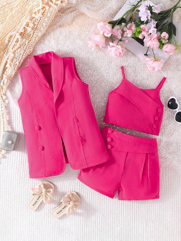 Young Girl 3pcs/Set Fashionable Summer Plain Sleeveless Blazer, Camisole Top & Shorts Outfit