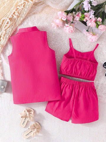 Young Girl 3pcs/Set Fashionable Summer Plain Sleeveless Blazer, Camisole Top & Shorts Outfit