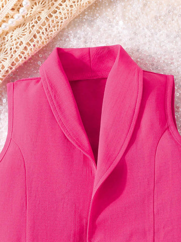 Young Girl 3pcs/Set Fashionable Summer Plain Sleeveless Blazer, Camisole Top & Shorts Outfit