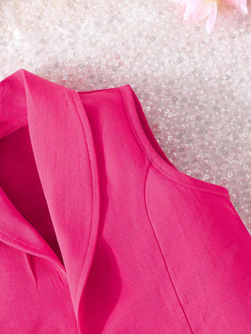 Young Girl 3pcs/Set Fashionable Summer Plain Sleeveless Blazer, Camisole Top & Shorts Outfit