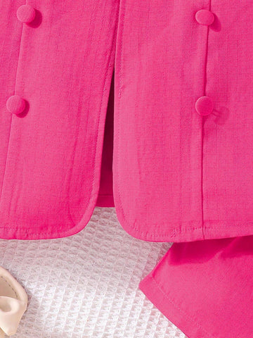 Young Girl 3pcs/Set Fashionable Summer Plain Sleeveless Blazer, Camisole Top & Shorts Outfit