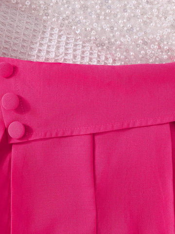 Young Girl 3pcs/Set Fashionable Summer Plain Sleeveless Blazer, Camisole Top & Shorts Outfit