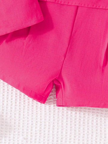 Young Girl 3pcs/Set Fashionable Summer Plain Sleeveless Blazer, Camisole Top & Shorts Outfit