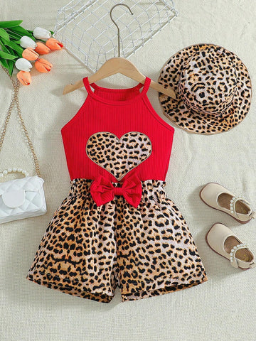 Young Girl 3pcs Leopard Style Casual Outfit - Heart Shaped Vest And Shorts With Bow Decoration, And Hat. Suitable For Beach, Vacation And Spring/Summer Season