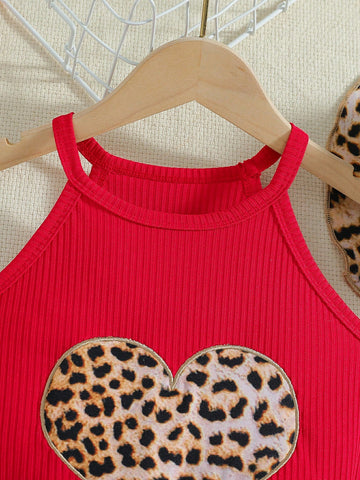 Young Girl 3pcs Leopard Style Casual Outfit - Heart Shaped Vest And Shorts With Bow Decoration, And Hat. Suitable For Beach, Vacation And Spring/Summer Season