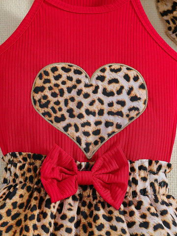 Young Girl 3pcs Leopard Style Casual Outfit - Heart Shaped Vest And Shorts With Bow Decoration, And Hat. Suitable For Beach, Vacation And Spring/Summer Season