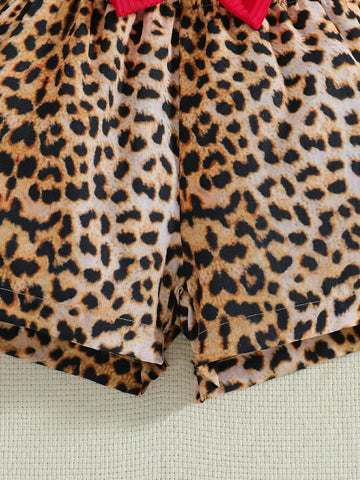 Young Girl 3pcs Leopard Style Casual Outfit - Heart Shaped Vest And Shorts With Bow Decoration, And Hat. Suitable For Beach, Vacation And Spring/Summer Season