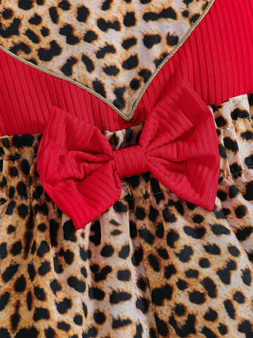 Young Girl 3pcs Leopard Style Casual Outfit - Heart Shaped Vest And Shorts With Bow Decoration, And Hat. Suitable For Beach, Vacation And Spring/Summer Season