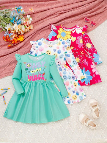 Young Girl 3pcs Set Casual Cute Cartoon Letter Print Ruffle Trim Long Sleeve Dress