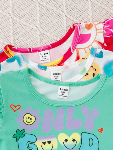 Young Girl 3pcs Set Casual Cute Cartoon Letter Print Ruffle Trim Long Sleeve Dress