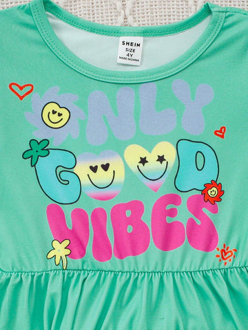 Young Girl 3pcs Set Casual Cute Cartoon Letter Print Ruffle Trim Long Sleeve Dress