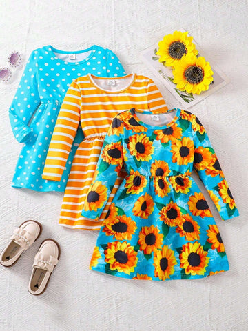 Young Girl 3pcs Striped & Sunflower Print Dress