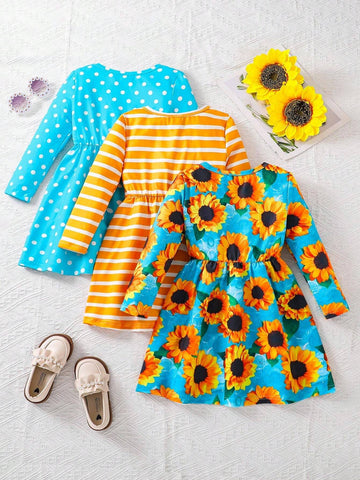 Young Girl 3pcs Striped & Sunflower Print Dress
