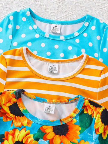 Young Girl 3pcs Striped & Sunflower Print Dress