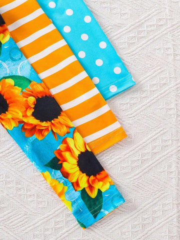 Young Girl 3pcs Striped & Sunflower Print Dress