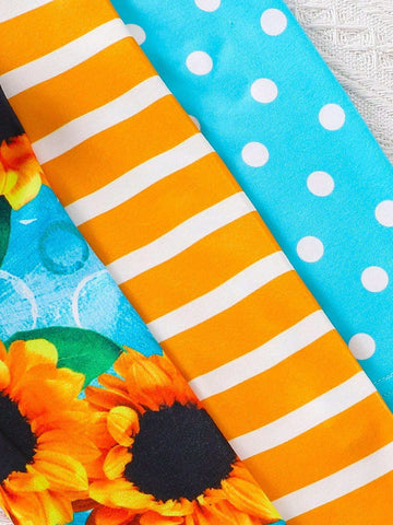 Young Girl 3pcs Striped & Sunflower Print Dress