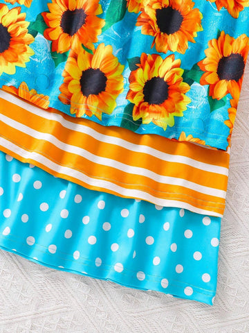 Young Girl 3pcs Striped & Sunflower Print Dress