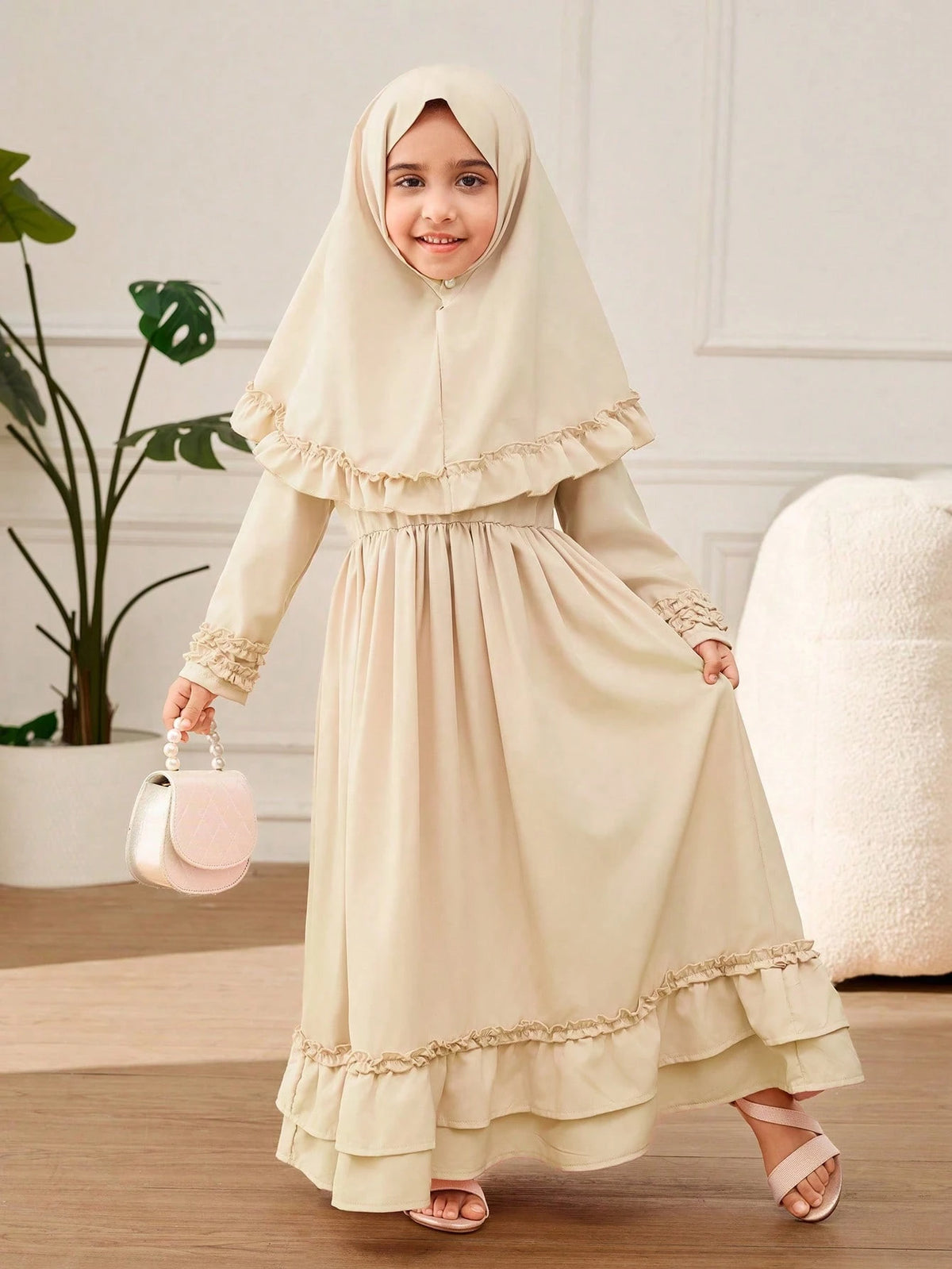 Young Girl A-Line Ruffle Trim & Headband Dress