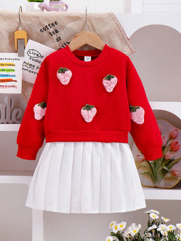 Young Girl Adorable 2 In 1 Dress, 3D Knitted Strawberry Pattern Sweatshirt & Pure White Pleated Dress, Sweet Cute Children's Clothing, Autumn Dress