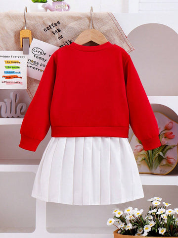 Young Girl Adorable 2 In 1 Dress, 3D Knitted Strawberry Pattern Sweatshirt & Pure White Pleated Dress, Sweet Cute Children's Clothing, Autumn Dress