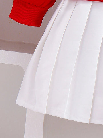 Young Girl Adorable 2 In 1 Dress, 3D Knitted Strawberry Pattern Sweatshirt & Pure White Pleated Dress, Sweet Cute Children's Clothing, Autumn Dress