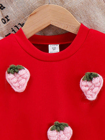 Young Girl Adorable 2 In 1 Dress, 3D Knitted Strawberry Pattern Sweatshirt & Pure White Pleated Dress, Sweet Cute Children's Clothing, Autumn Dress