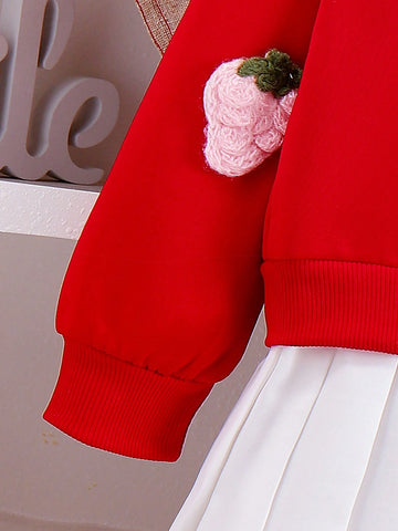 Young Girl Adorable 2 In 1 Dress, 3D Knitted Strawberry Pattern Sweatshirt & Pure White Pleated Dress, Sweet Cute Children's Clothing, Autumn Dress