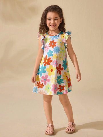 Young Girl Adorable Floral Print Short Cap Sleeve Knitted Summer Dress